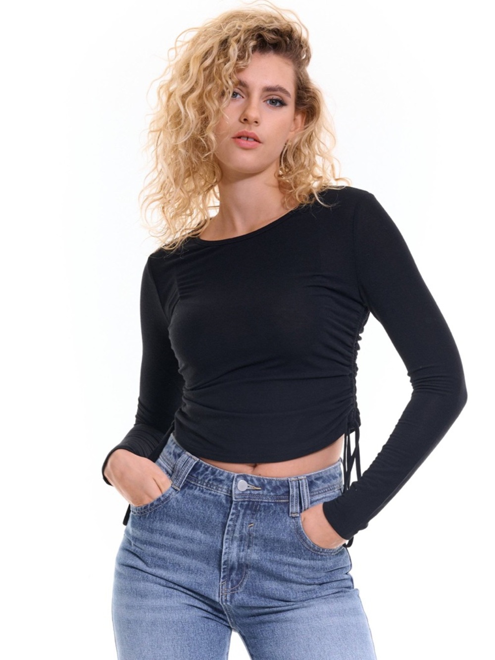 ASOS Pieces Black Long Sleeve Ruched Tie Side Jersey Top Size Medium